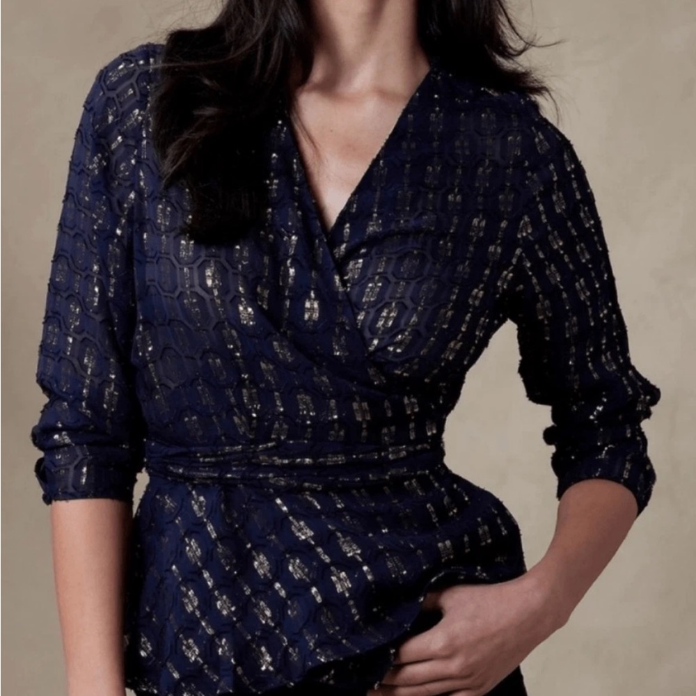 Banana Republic Dark Blue and Gold Sheer Wrap Blouse